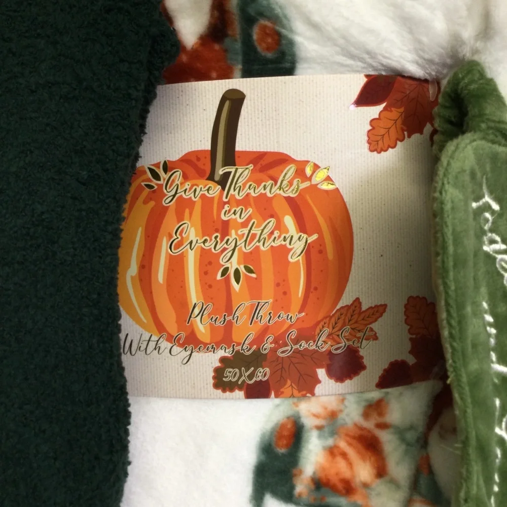 Throw Eyemask Socks White Green Fall Trucks Gnomes “Give Thanks in Everything”